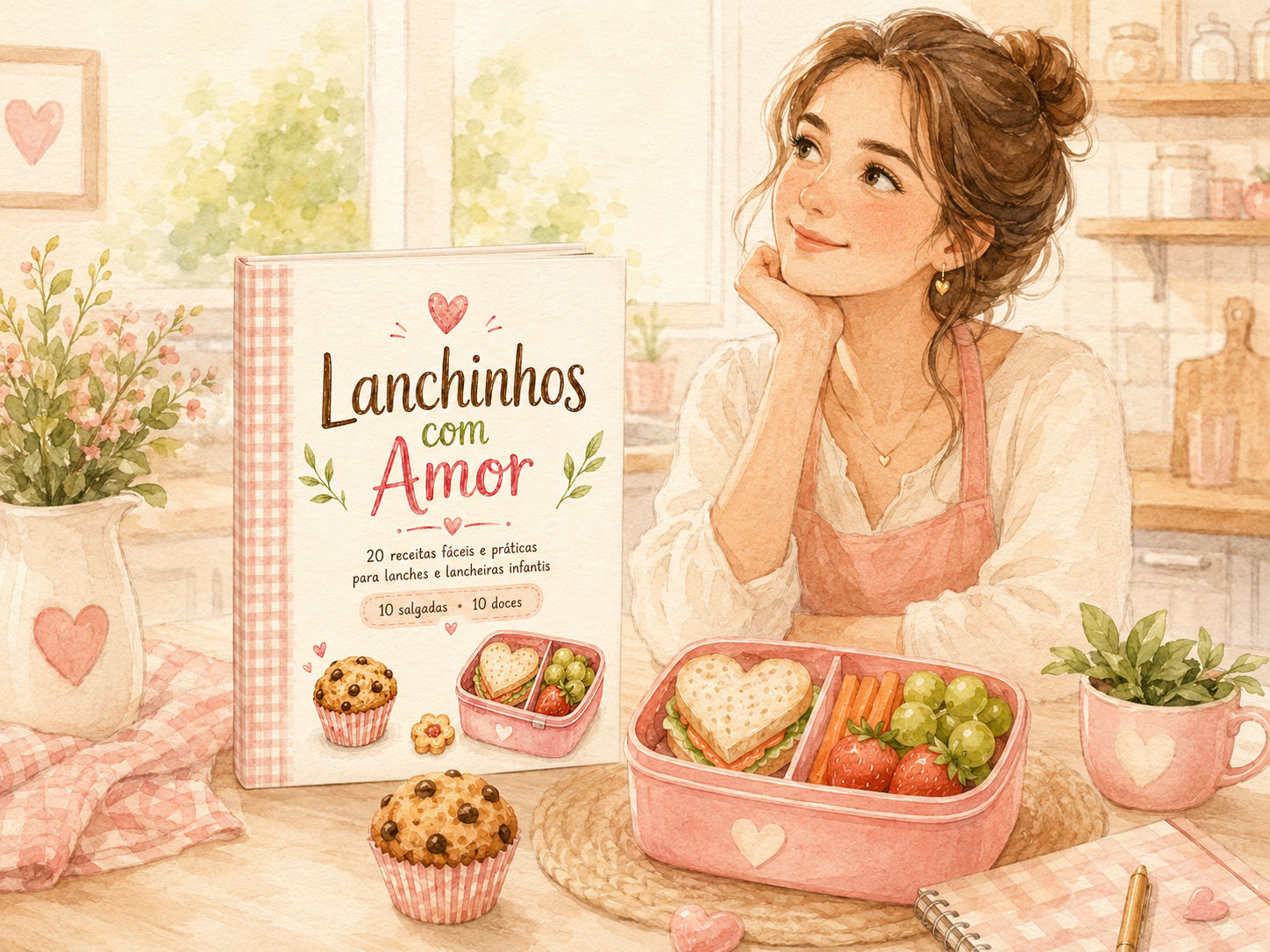 Ilustração em aquarela de mãe na cozinha com o e-book Lanchinhos com Amor e lancheira rosa infantil